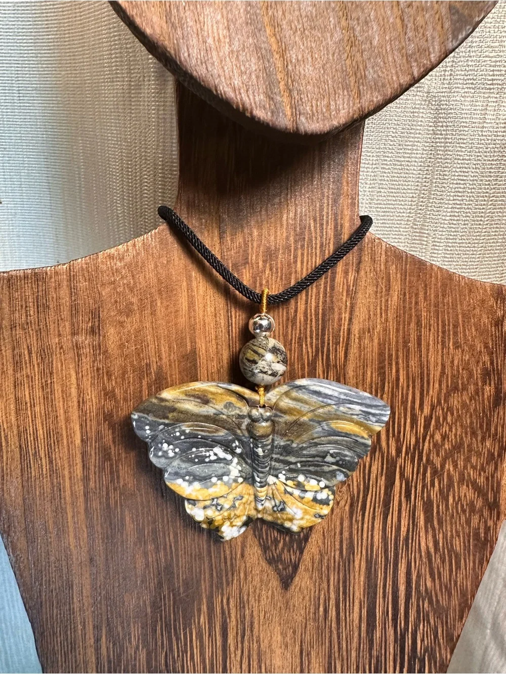 Handcrafted Ocean Jasper Butterfly Pendant Necklace-Green & Gold on Black Rope